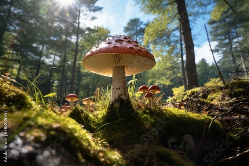 Fly agaric mushroom in the forest on a sunny day, close-up from below