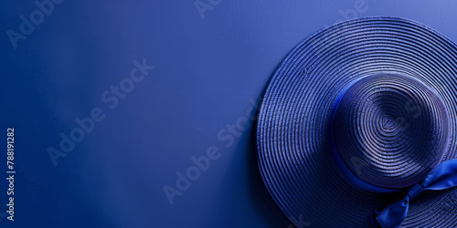 Dark blue banner featuring a stylish sun hat on the side, leaving space for your message.