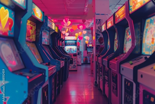 A lineup of arcade machines arranged in a neat row, ready to provide entertainment and gaming experiences for players, An arcade-themed pop art Valentine's Day, AI Generated