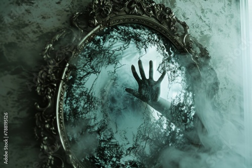 A photo capturing a surreal moment with a hand breaking through the surface of a mirror, An eerie phantasm emerging from an antique mirror, AI Generated