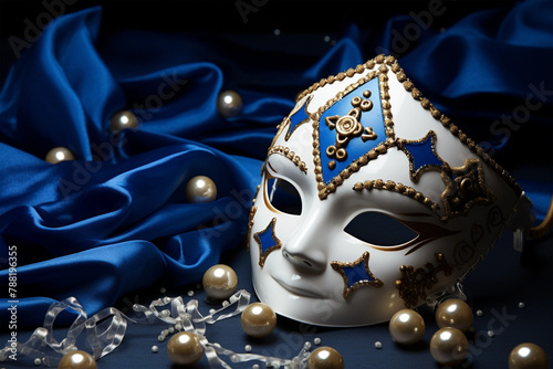 Happy Purim carnival decoration with mask and glitter on blue background