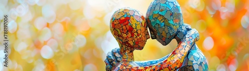 An artistic portrayal of a basalt sculpture in the form of two interconnected figures, symbolizing empathy, rendered in bright colors with a clean, uncluttered HD background