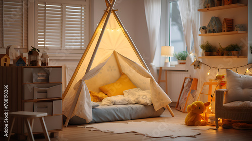 Cute teepee tent in a kids play room ,illustration of a kid teepee tent in children bedroom ,A small tent with twinkle lights for pretend camping