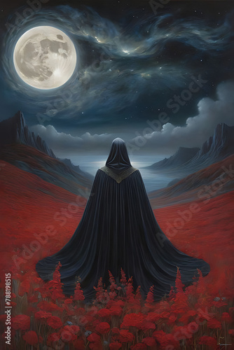 A man in black robes sits amidst a field of vibrant red poppies in a captivating painting.