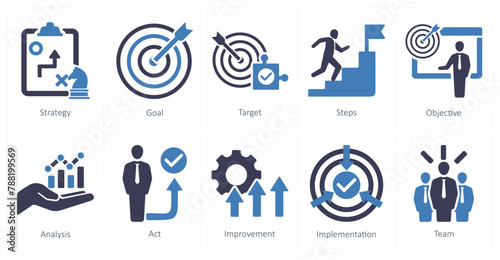 A set of 10 action plan icons as strategy, goal, target