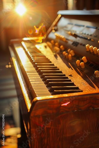 A piano with the sun shining on it.