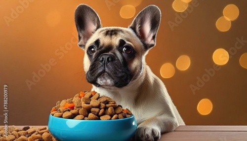 A French bulldog breed dog with dry dog ​​food on orange studio background. 