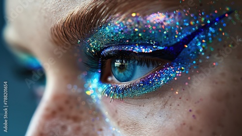 a close-up of eye makeup featuring outrageous combinations of electric blue, acid green, and neon purple