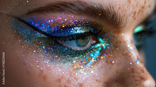 a close-up of eye makeup featuring outrageous combinations of electric blue, acid green, and neon purple