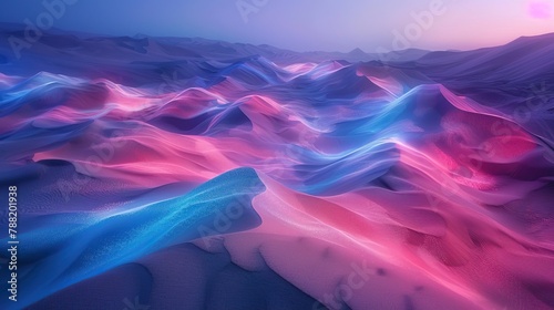 Desert landscape with rolling sand dunes transformed into swirling waves of neon pink and electric blue sand