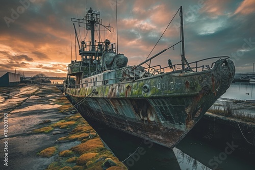 A rusted boat sits motionless on top of a dry dock, showing signs of age and neglect, An old, moss-covered naval ship abandoned in a deserted dock, AI Generated