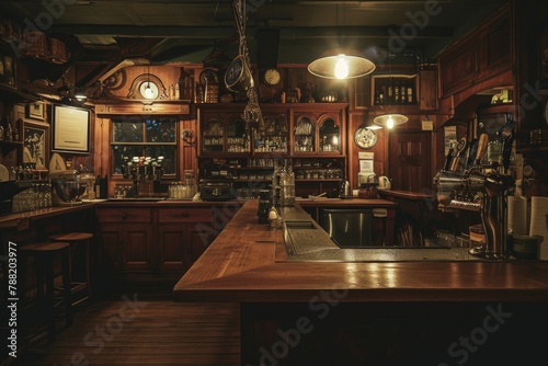 This photo depicts a bar counter filled with a large assortment of bottles, offering a wide selection of drinks, An old-fashioned pub kitchen at the break of dawn, AI Generated