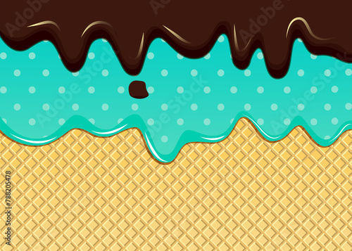 Double mint cream and chocolate cream melted waffle cone vector pattern. Ice cream waffle sweet liquid biscuit candy cartoon cream