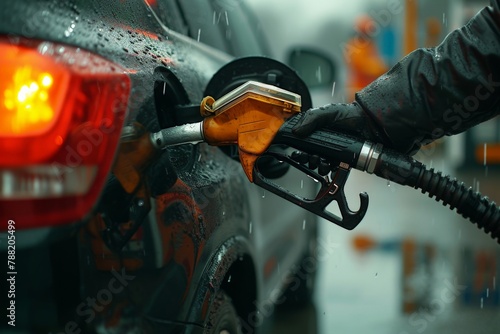 Man refueling car at gas station on a rainy day during inclement weather with wet pavement