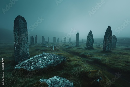 A group of Stonehenge formations standing tall in a misty field, Ancient stone circles in the middle of a mystic foggy moor, AI Generated