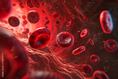 Red Blood Cells Floating in a Vein of Blood, Artistic representation of the blood cells under a microscope, AI Generated