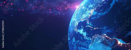 Blue planet earth in space, Digital world globe centered on North America, concept of North America global network and connectivity, data transfer and cyber technology, Ai