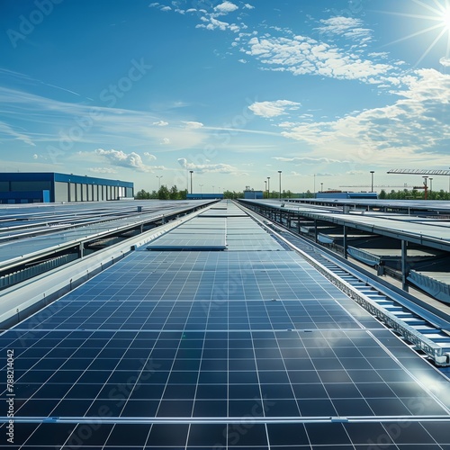 A large solar panel farm under a blue sky with white clouds.