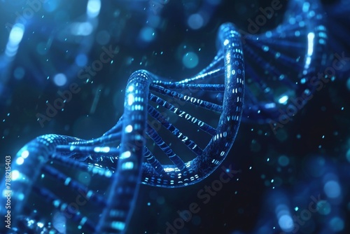 A detailed view of a prominent blue structure set against a slightly out-of-focus background, Binary code visualizing human DNA strands or chromosomes, AI Generated