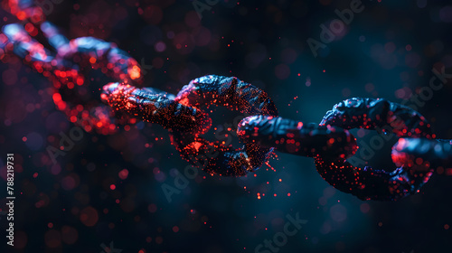 Close up of a chain with a glowing red and blue light in the background. Concept of Connection.