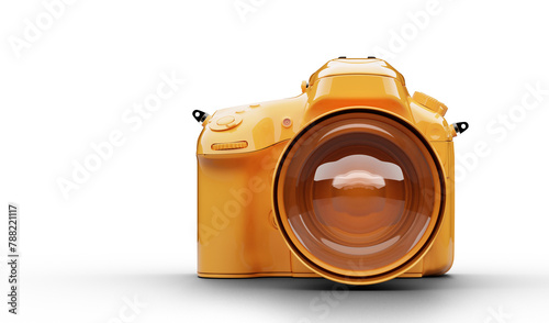 Vibrant yellow DSLR camera front view with large lens