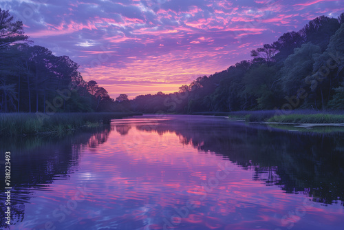 A pastel lavender sunset over a calm river reflecting a light. A picturesque sunset over a tranquil lake with purple and pink cloudfilled sky. Beautiful sunset over the lake waters