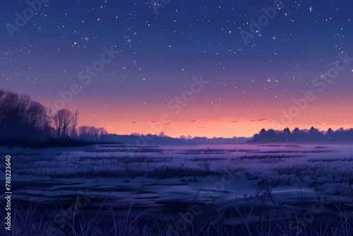 A soft pastel lavender sky at twilight with stars beginning to shine. Sunset painting, lake with trees, atmospheric sky, afterglow, natural landscape. Background of a winter landscape in the night.