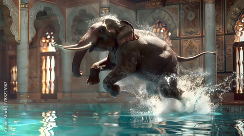 elephant jumping into swimming pool 