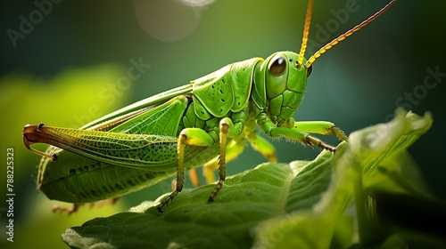 Green grasshopper on a green leave, AI generated 