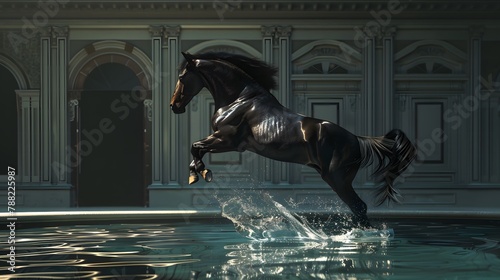 dark horse jumping into swimming pool 