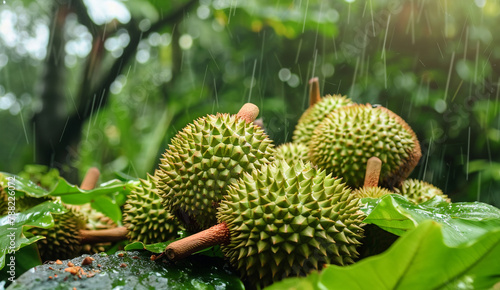 A durian is a tropical fruit that is large and has a spiky, hard outer shell. It is native to Southeast Asia and is known for its strong, pungent odor. The flesh of the durian is white and creamy and