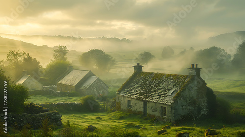 Charming Irish village shrouded in morning mist, evoking nostalgia and tranquility with its quaint, historic architecture and scenic countryside ambiance