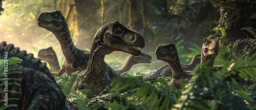 A pack of Velociraptors stealthily moving through a dense fern underbrush in twilight