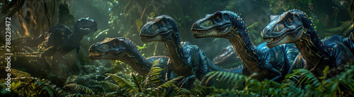 A pack of Velociraptors stealthily moving through a dense fern underbrush in twilight