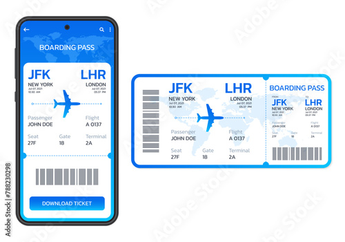 Mobile boarding pass. Digital or electronic plane ticket. Airplane ticket in the phone. Online booking by smartphone concept. Vector illusttation.