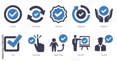 A set of 10 checkmark icons as check, complete, verified