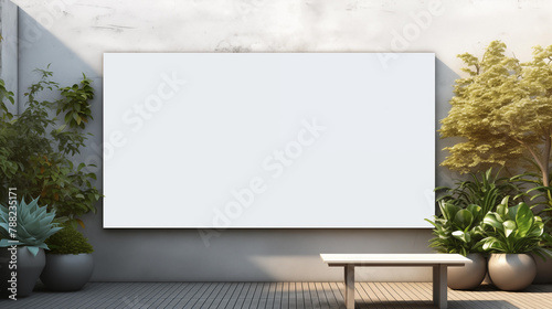 Large empty billboard in peaceful outdoor area mockup photography. Assorted potted plants and bench, template advertising outdoors. Tranquil promotional concept mock up photorealistic