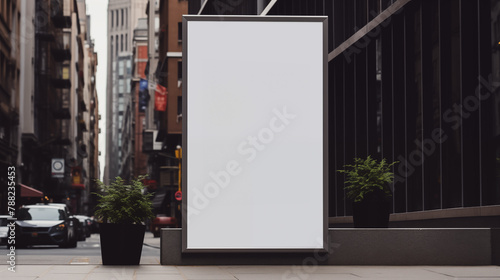 Urban sidewalk billboard with sleek frame mockup photography. Bustling city life template advertising outdoors. Urban lush greenery promotional concept mock up photorealistic image