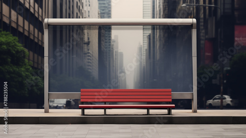 Urban bus stop with red bench mockup photography. Transparent transit shelter template advertising outdoors. Commute city life promotional concept mock up photorealistic image