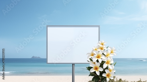 Blank beachside billboard next to frangipani flowers mockup photography. Calm sea and blue sky, template advertising outdoors. Oceanside promotional concept mock up photorealistic image