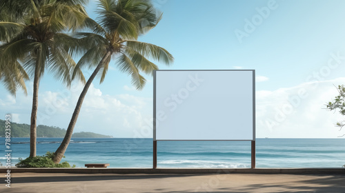 Blank billboard stands before serene beach mockup photography. Swaying palm trees template advertising outdoors. Sandy shore oceanside promotional concept mock up photorealistic image