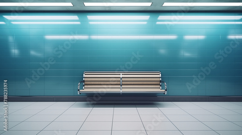 Sleek bench against vibrant turquoise tiled wall mockup photography. Modern subway station template advertising inside. Commercial business promotional concept mock up photorealistic