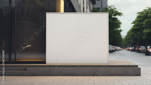 Blank square billboard outside modern building mockup photography. Street-side marketing template advertising outdoors. Cityscape promotional concept mock up photorealistic image
