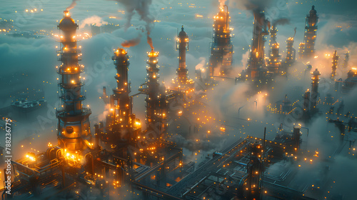 a massive industrial refinery, featuring intricate piping systems and engulfed in a chemical haze, illuminated by the artificial glow of halogen lights