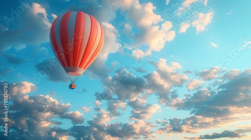 Striped hot air balloon soaring high in the sky