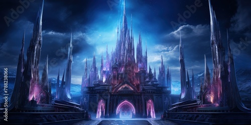 Gothic castle in a futuristic setting, with neon lights accentuating gothic arches and spires