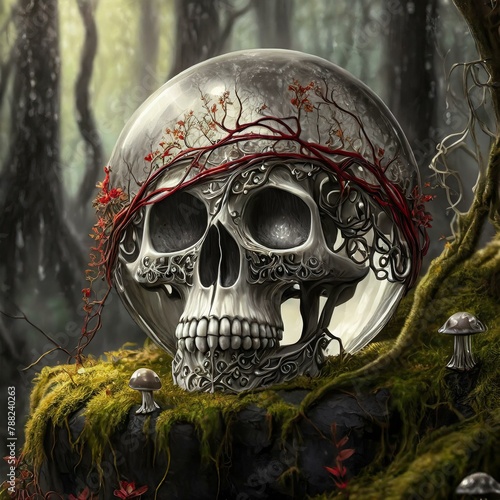 czaszka w lesie na mchu czerwone pnącze mgła las