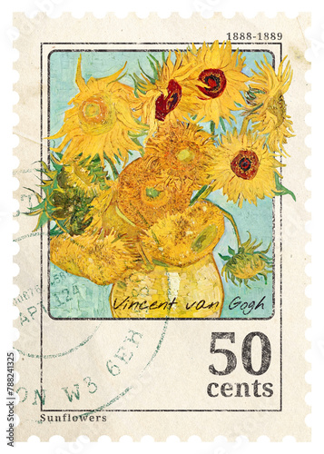 Png sunflower, Van Gogh, stamp sticker, transparent background