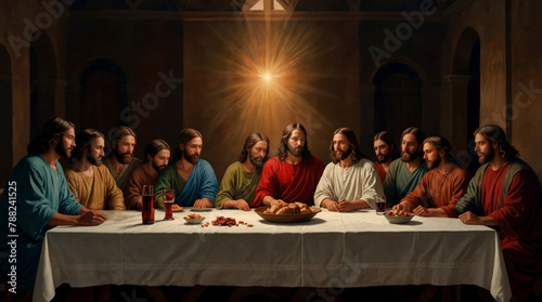 Jesus Christ with his eleven disciples after Judas's departure at The Last Supper in the Bible. 