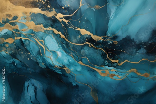 Aqua cyan blue abstract painting with a gold and blue ring, in the style of dark teal and dark gold, highly detailed foliage, watercolor illustrations, drippy paint splatters background wallpaper text